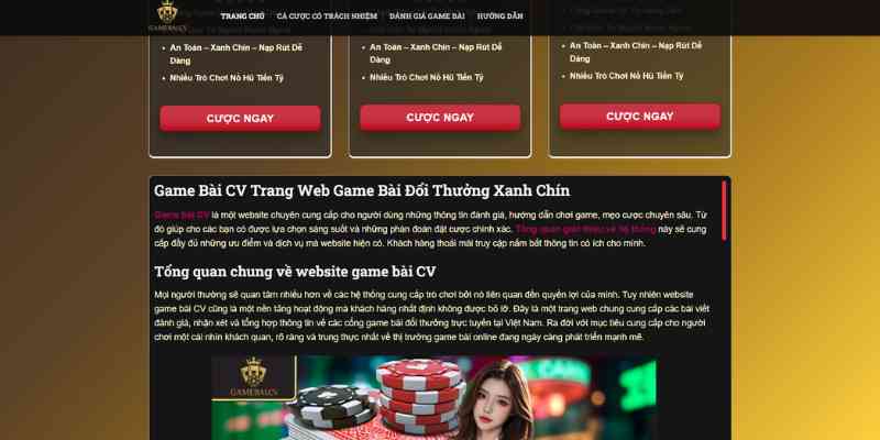 Ảnh: Trang chủ của Gamebai.cv được thiết kế hiện đại và thân thiện với người dùng